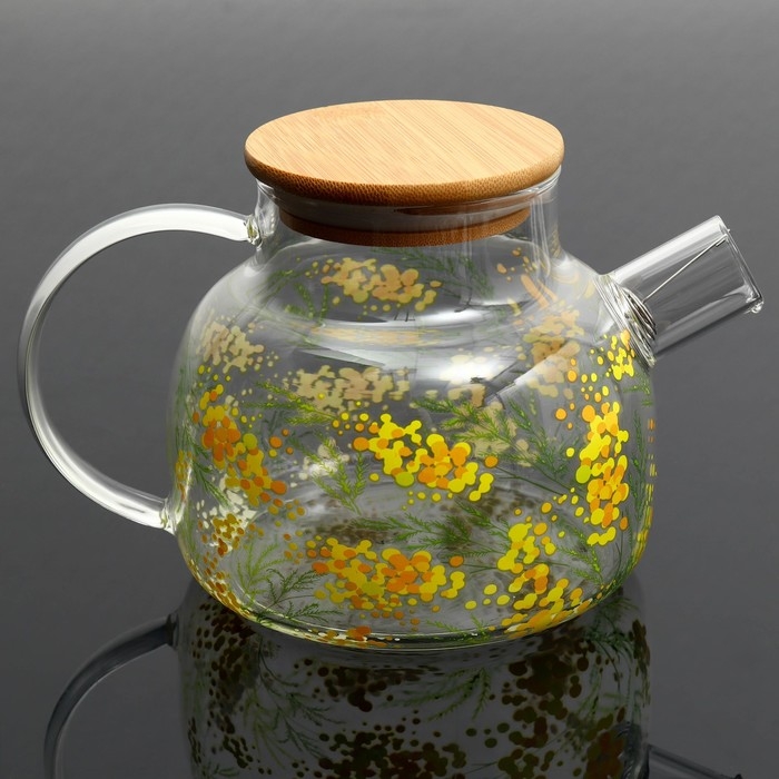 Чайник стеклянный заварочный с бамбуковой крышкой «Нежная мимоза», 1000 мл Чайник стеклянный заварочный с бамбуковой крышкой «Нежная мимоза», 1000 мл