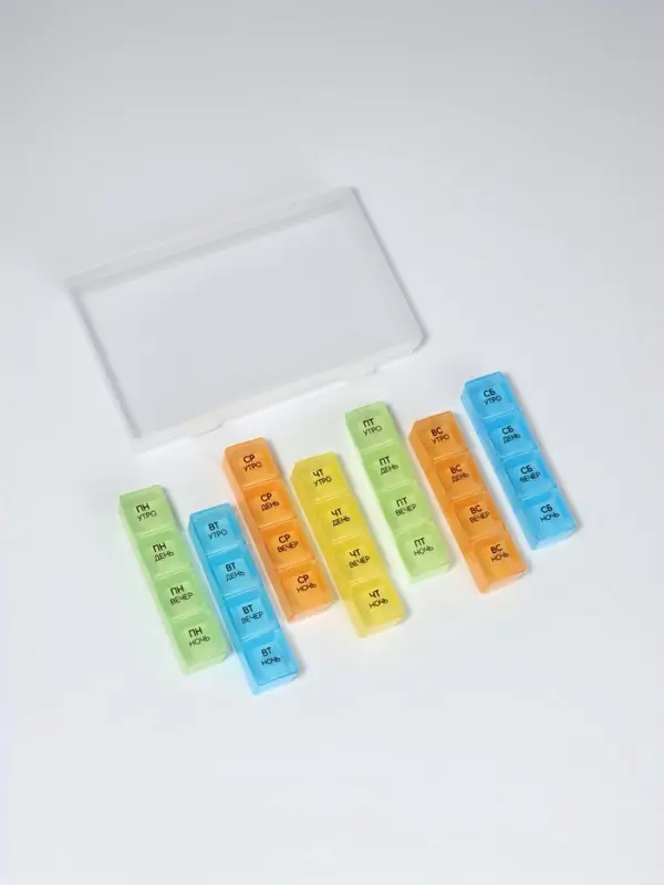 Таблетница - органайзер &laquo;Неделька&raquo;, съёмные ячейки, утро/день/вечер/ночь, 17.5&times;10.7&times;2.5 см, 7 контейнеров по 4 секции, разноцветная