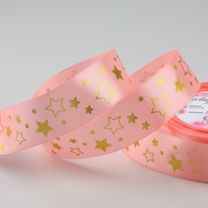 Лента атласная с тиснением «Звёзды», 25 мм × 18 ± 1 м, цвет розовый/золотой №089 Лента атласная с тиснением «Звёзды», 25 мм × 18 ± 1 м, цвет розовый/золотой №089