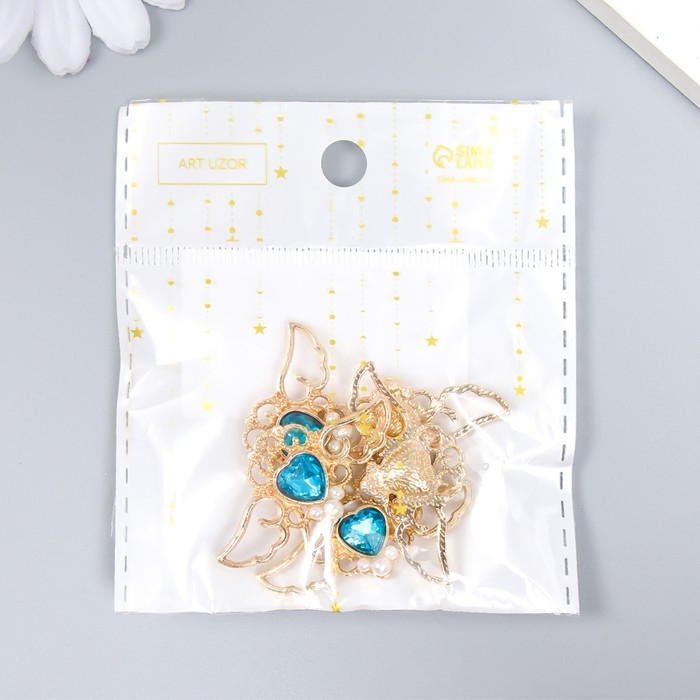 Декор для творчества металл, пластик Декор для творчества металл, пластик "Крылатое сердце. Топаз" золото набор 5 шт 4х2 см