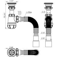 Сифон для мойки Aquant, 1 1/2" х 40 мм, с металл. решеткой d=70 мм, с гофрой 40х40/50 мм