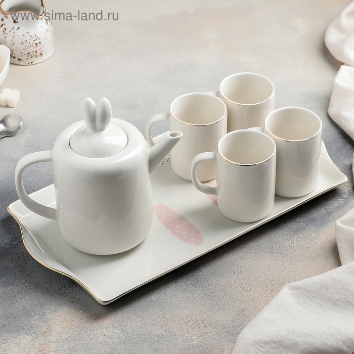 Набор керамический чайный «Зайка», 6 предметов: 4 кружки 220 мл, чайник 900 мл, поднос