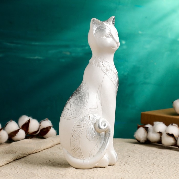Фигура Фигура "Кот Фараон" белая в серебре, 28см