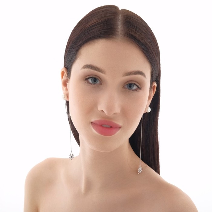 Серьги с жемчугом «Цепочки» цветок и бусина, цвет белый в серебре, шар №10 Серьги с жемчугом «Цепочки» цветок и бусина, цвет белый в серебре, шар №10