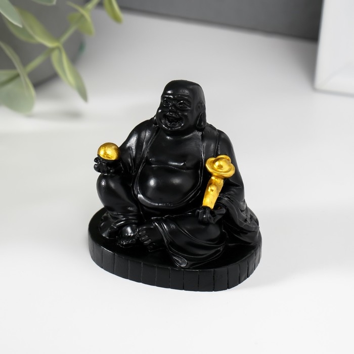 Нэцкэ полистоун  Нэцкэ полистоун "Хотей с золотым жезлом Жуи" чёрный 4х5х5,5 см