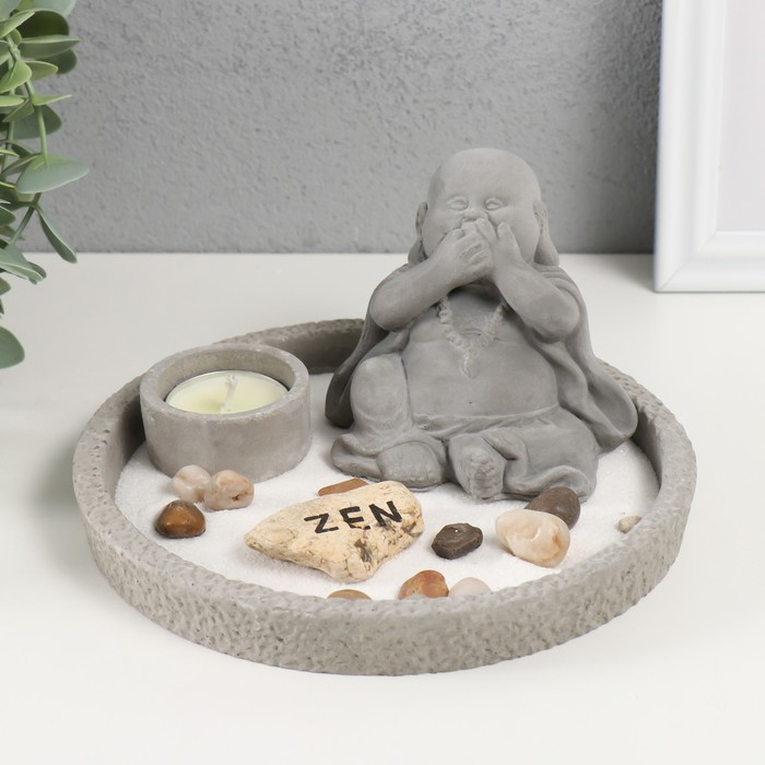 Сад камней Дзен d=16,5 см  Сад камней Дзен d=16,5 см "Хотей: ничего не говорю", со свечой, серый