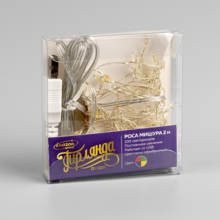 Гирлянда «Мишура» 2 м роса, IP20, серебристая нить, 100 LED, свечение мульти, USB Гирлянда «Мишура» 2 м роса, IP20, серебристая нить, 100 LED, свечение мульти, USB