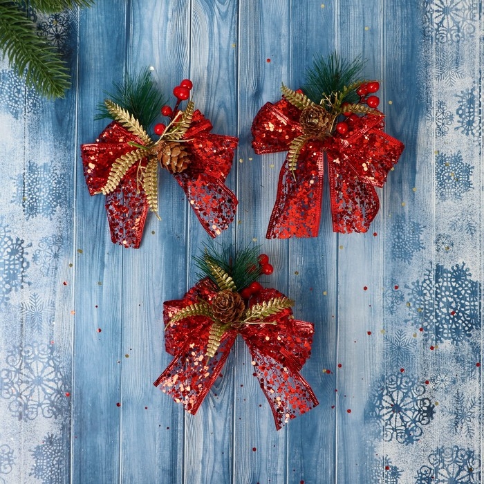 Украшение ёлочное Украшение ёлочное "Еловая композиция" (набор 3 шт) бант блеск шишка, 11х9 см, красный