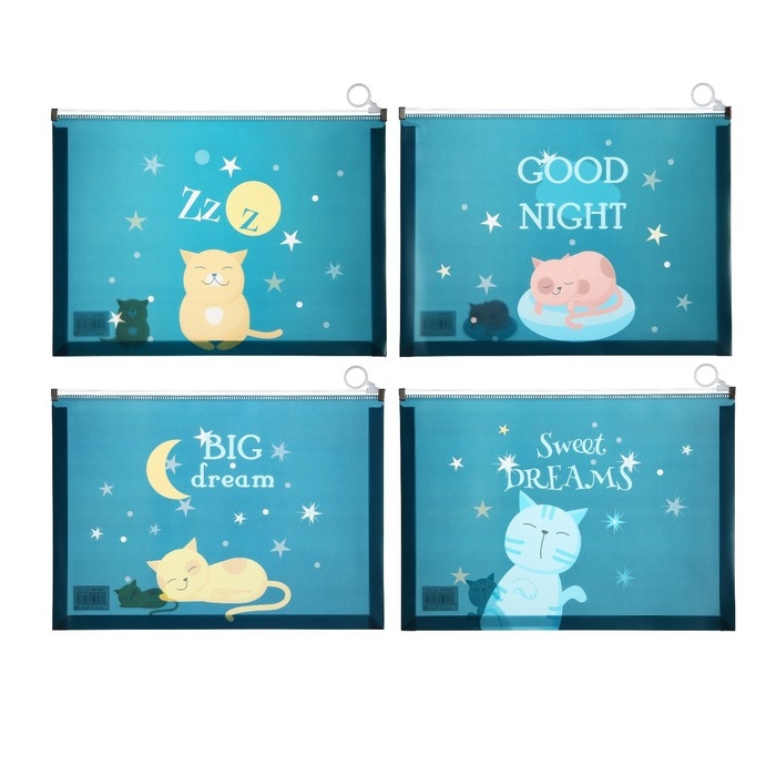 Папка-конверт на молнии формат А4, 180мкр, прозрачная с рисунком Папка-конверт на молнии формат А4, 180мкр, прозрачная с рисунком "Котик", МИКС