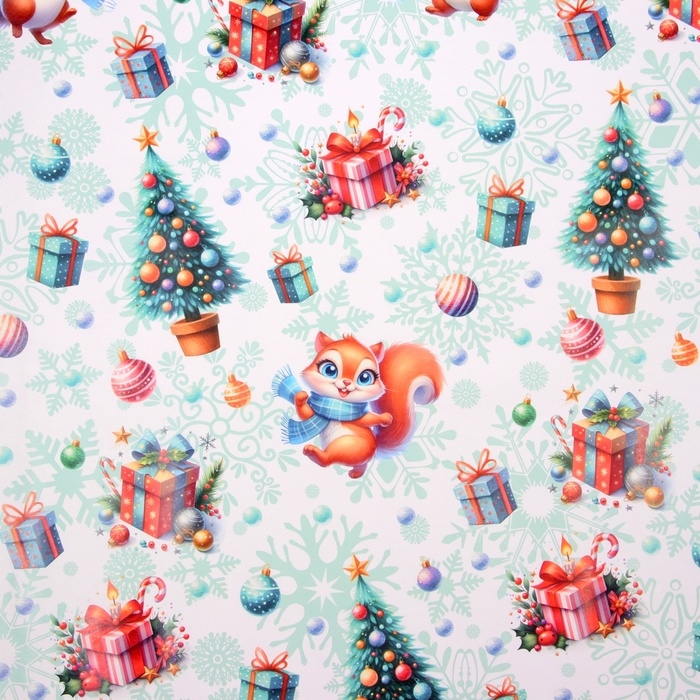 Новый год. Бумага упаковочная новогодняя  Новый год. Бумага упаковочная новогодняя "Белочка", глянец, 1 лист, 80 г/м2 , 70 х 100 см