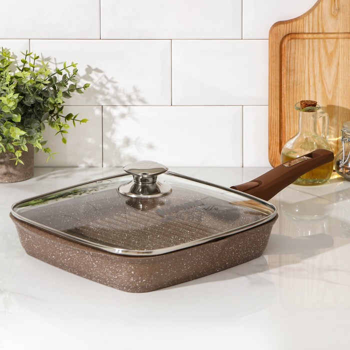 Сковорода-гриль «Гранит», 26×26 см, съёмная ручка, стеклянная крышка, антипригарное покрытие, цвет коричневый Сковорода-гриль «Гранит», 26×26 см, съёмная ручка, стеклянная крышка, антипригарное покрытие, цвет коричневый