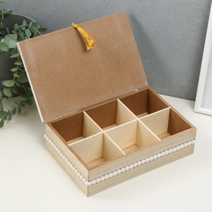 Шкатулка дерево с делениями  Шкатулка дерево с делениями "Белые бусины" 22,7х15,5х7,3 см