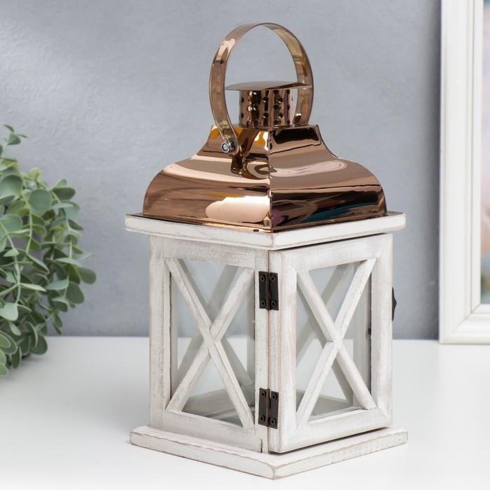 Подсвечник дерево на 1 свечу "Фонарь" серый и медь 24,5х13,5х13,5 см