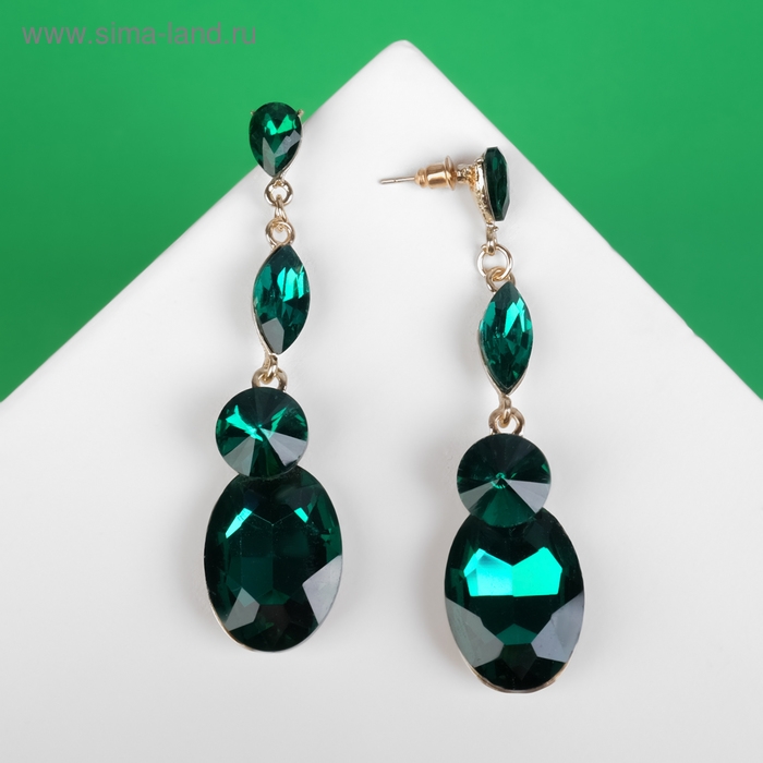 Серьги висячие со стразами «Вечеринка» дорожка из капель, цвет изумрудный в золоте, 7 см Серьги висячие со стразами «Вечеринка» дорожка из капель, цвет изумрудный в золоте, 7 см
