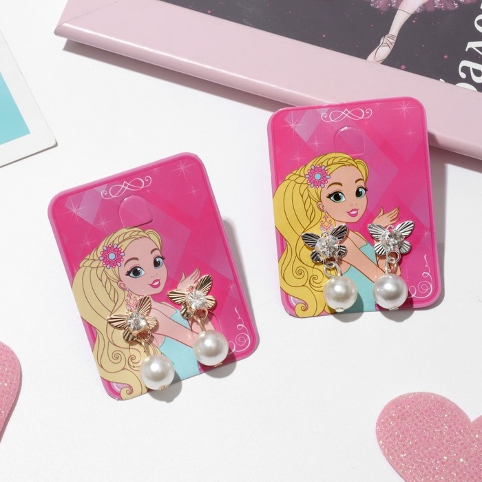 Серьги детские «Выбражулька» принцесска, бабочки с бусиной, цвет МИКС Серьги детские «Выбражулька» принцесска, бабочки с бусиной, цвет МИКС