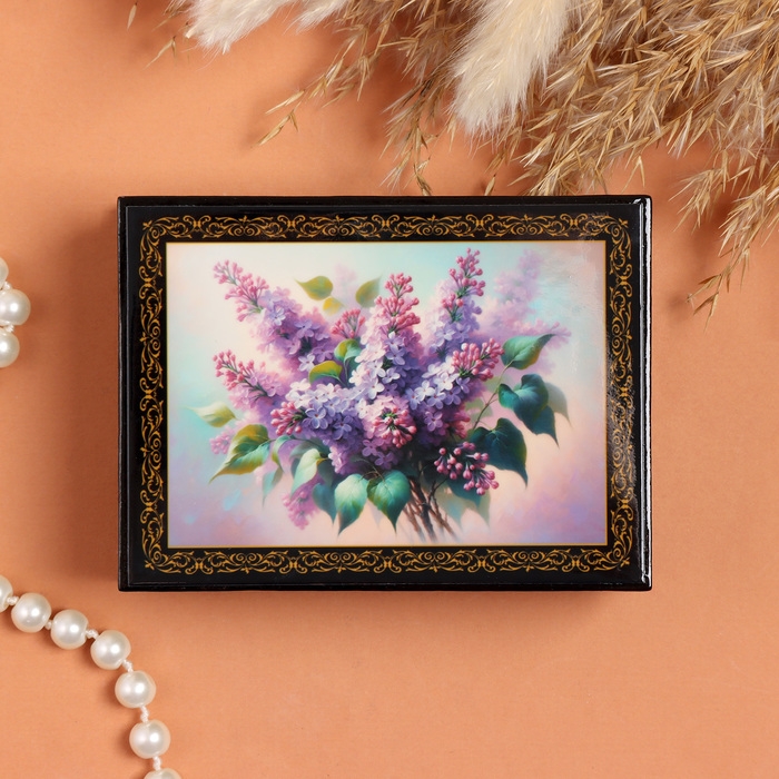 Шкатулка «Сирень», черная, 8×10,5 см, лаковая миниатюра