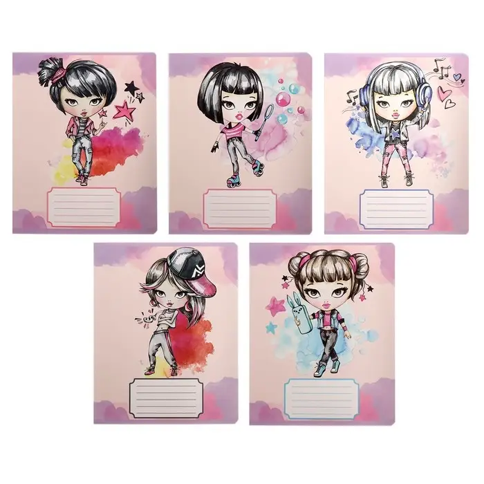 Тетрадь 12 листов в косую линейку, Calligrata, Pretty Girl, обложка мелованный картон, серые листы, МИКС