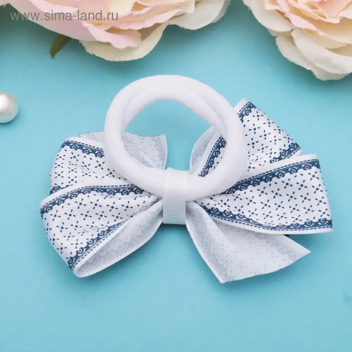 Резинка для волос «Школьница», бант мелкий узор, 8 см, бело-синяя