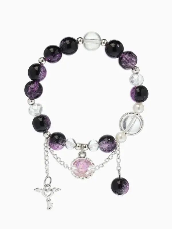 Браслет с подвесками "Сахарный" ракушка, шар №10/8, цвет чёрно-фиолтеовый в серебре