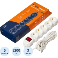 Сетевой фильтр BigTech ST510-3-W(5р/3м/10А/2,2кВт/3х0,75 мм2/белый)