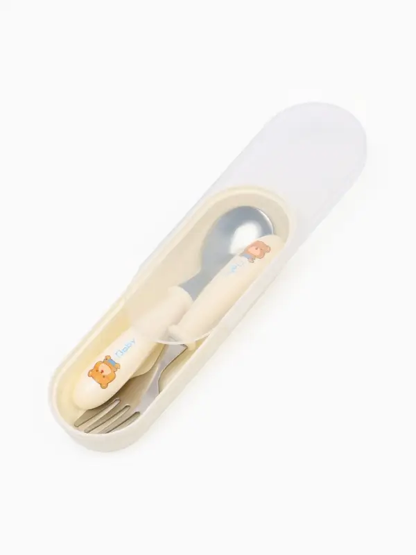 Набор детских столовых приборов в футляре: вилка, ложка Крошка Я бежевый Набор детских столовых приборов в футляре: вилка, ложка Крошка Я бежевый