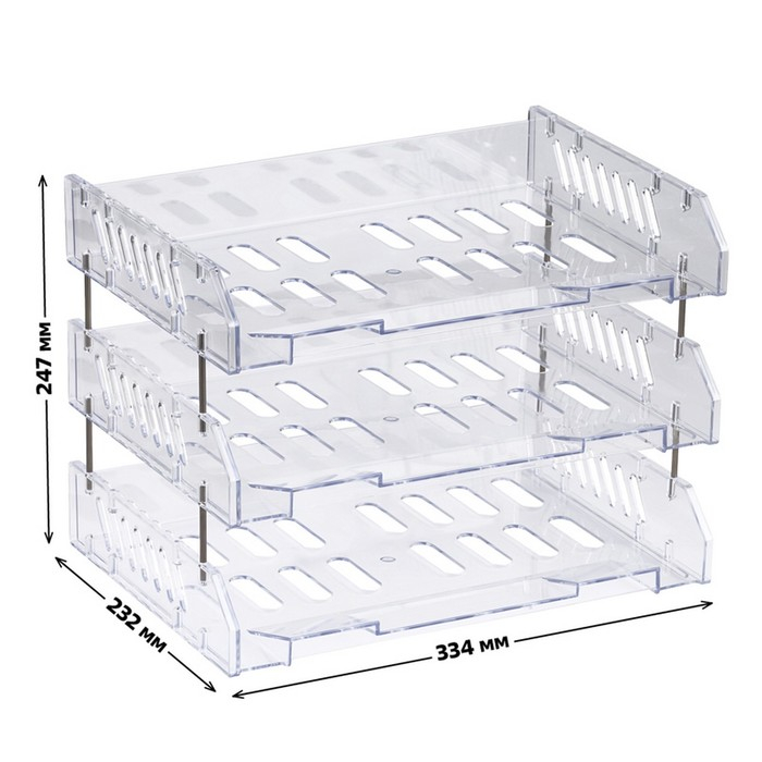 Набор лотков для бумаг горизонтальных с широкой загрузкой,  Набор лотков для бумаг горизонтальных с широкой загрузкой, "Сити", 3 шт., на металлических стержнях, прозрачный