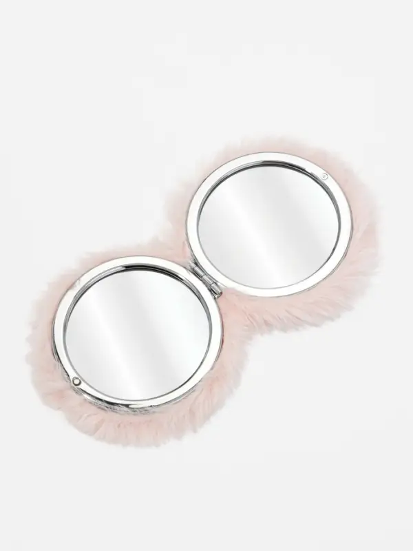 Зеркало складное круг (2) с/увел МЕХ d8см искусств мех/пластик розовый пакет QF