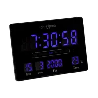 Часы электронные настенные, будильник, календарь, термометр, 20&times;3&times;33 см, синяя индикация, черные