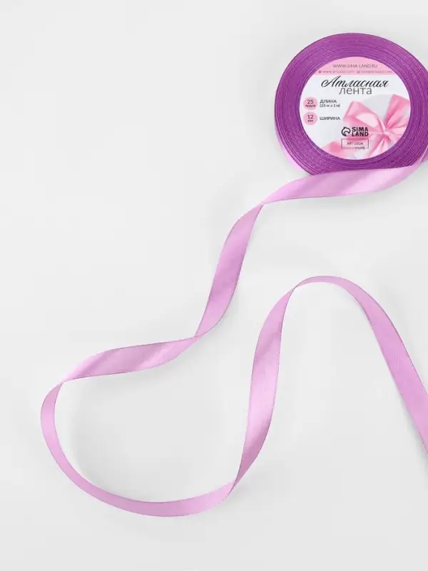 Лента атласная, 12 мм, 23±1 м, светло-сиреневая Лента атласная, 12 мм, 23±1 м, светло-сиреневая