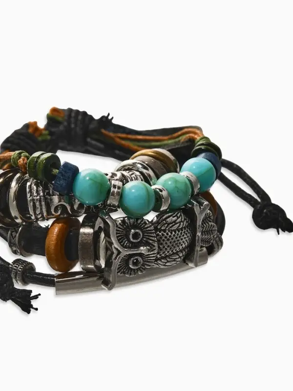 Браслет кожаный &laquo;Сова и ряд бусин&raquo;, d=9 см, чёрный