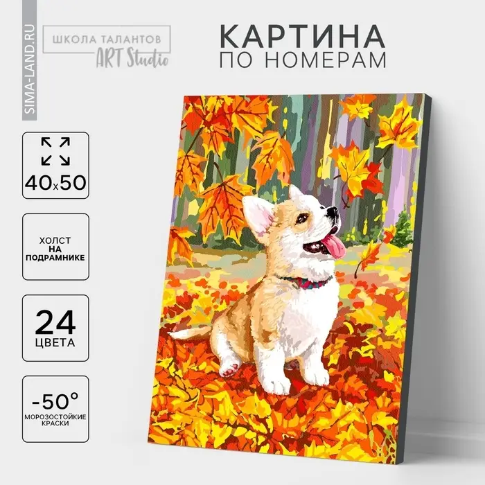 Картина по номерам на холсте с подрамником Картина по номерам на холсте с подрамником "Корги в осенней листве" 40*50 см