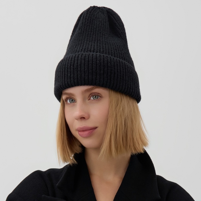 Шапка женская MINAKU с отворотом, размер 54-56, цвет чёрный Шапка женская MINAKU с отворотом, размер 54-56, цвет чёрный