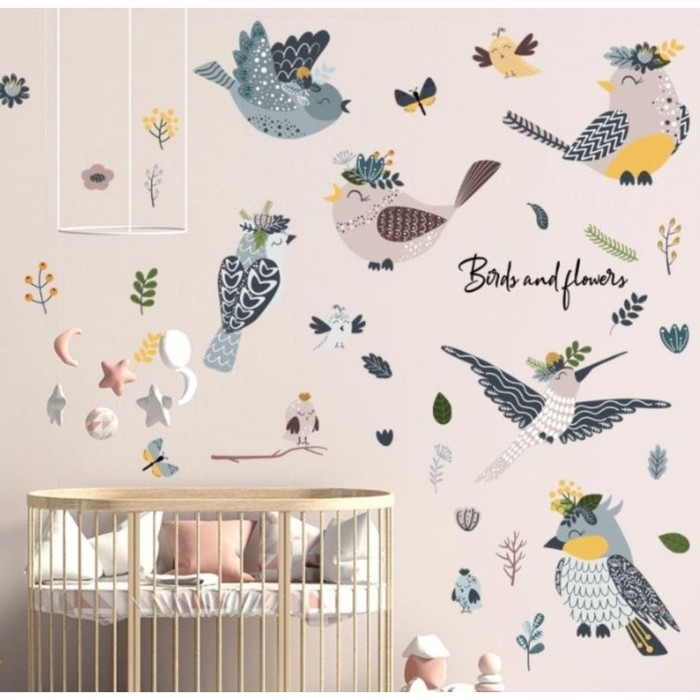 Наклейка пластик интерьерная цветная Наклейка пластик интерьерная цветная "Птицы с цветочками на голове" 60х90 см