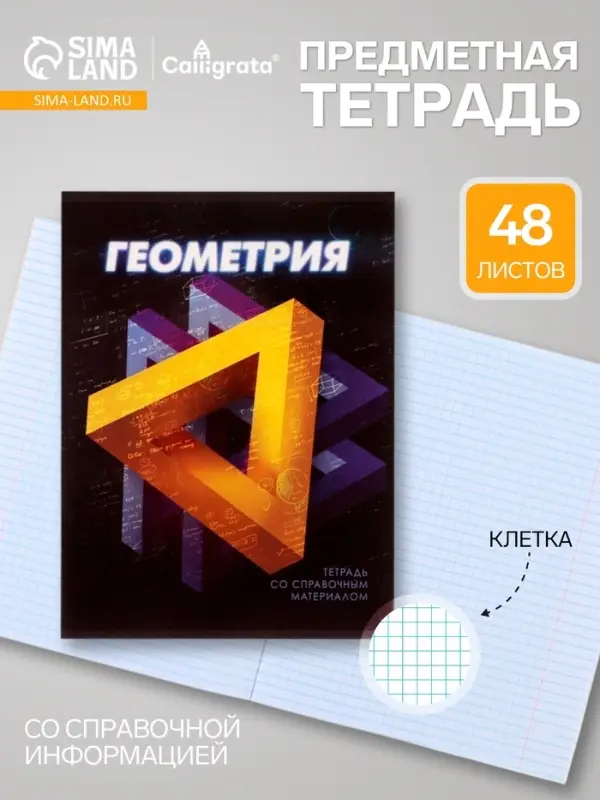 Предметная тетрадь по геометрии Calligrata. 3D, 48 листов, в клетку, со справочным материалом, обложка из мелованного картона
