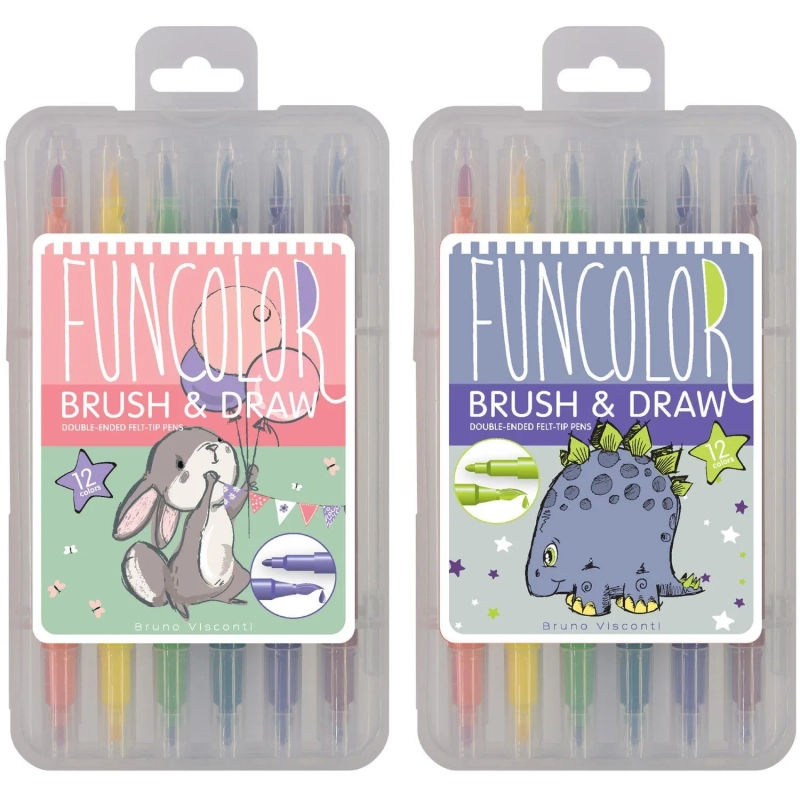 Фломастеры КИСТОЧКИ ДВУСТОРОННИЕ FUNCOLOR 12цв,в пластиковом пенале 32-0047