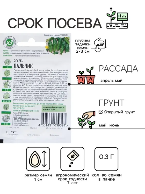 Семена Огурец Семена Огурец "Пальчик", раннеспелый, пчелоопыляемый, 0,3 г серия ХИТ х3
