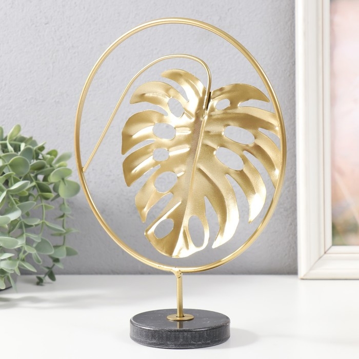 Сувенир металл, мрамор  Сувенир металл, мрамор "Круг с листом монстеры" золото, черный 20х7,5х25 см