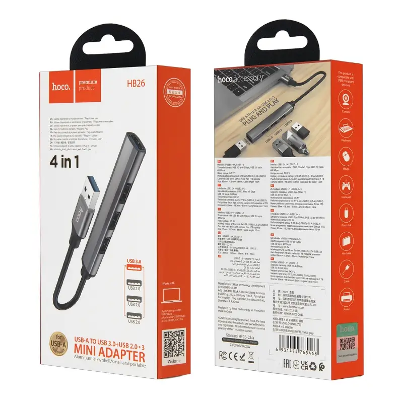 HUB на 4 USB HB26 HOCO серый