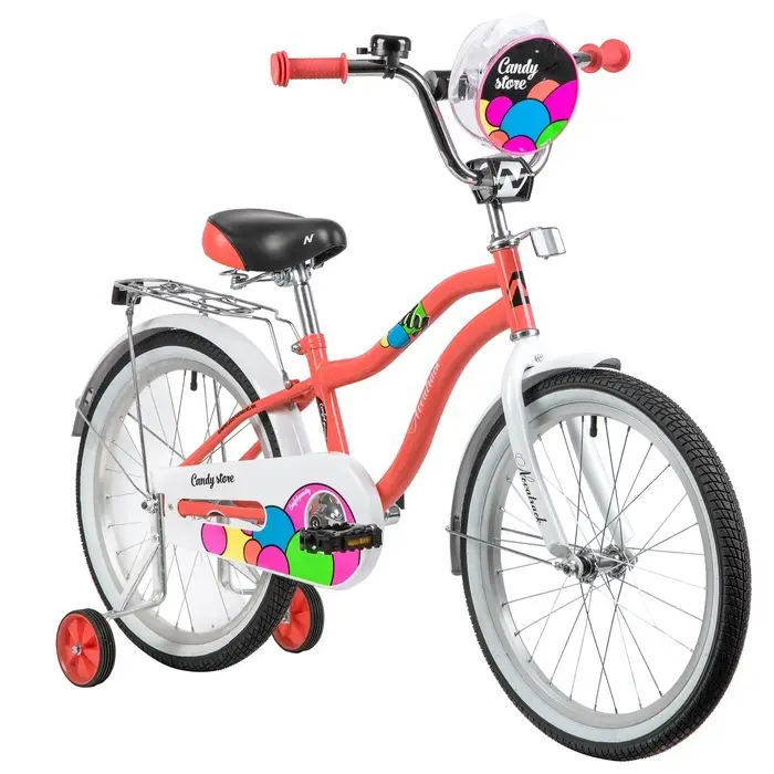 Велосипед детский Novatrack CANDY, диаметр колёс 20", со съёмными колёсами, с сумкой, коралловый