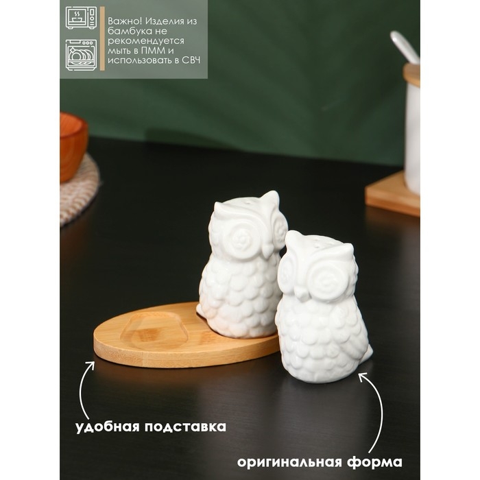 Набор фарфоровый для специй на бамбуковой подставке BellaTenero «Совы», 2 предмета: солонка 75 мл, перечница, 75 мл, цвет белый Набор фарфоровый для специй на бамбуковой подставке BellaTenero «Совы», 2 предмета: солонка 75 мл, перечница, 75 мл, цвет белый