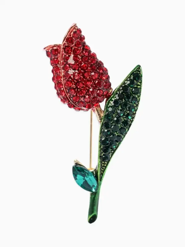 Брошь &laquo;Цветок&raquo; тюльпан, стразы, цвет красно-зелёный в золоте
