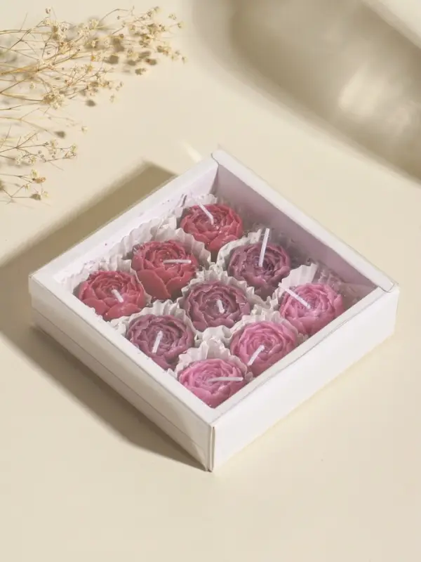 Набор свечей декоративных &laquo;Пионы&raquo;, 9 шт. 3.5&times;3.5&times;2.5 см, розово-фиолетовые, 14&times;14&times;4 см