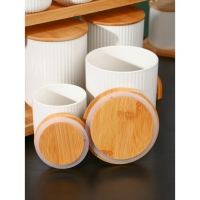 Набор банок фарфоровых для сыпучих продуктов на бамбуковой подставке BellaTenero, 7 предметов: 4 банки 200 мл, 3 банки 540 мл, цвет белый