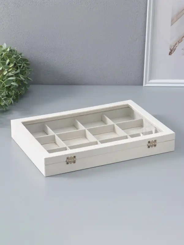 Шкатулка для украшений 12 ячеек, 35&times;24&times;4.5, стеклянная крышка, бежевая