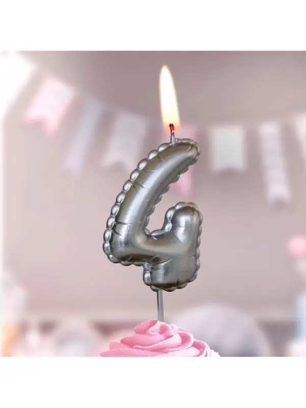 Свеча в торт на шпажке "Воздушая цифра", цифра "4", серебро