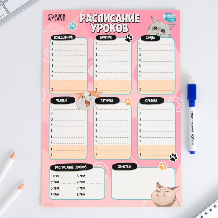Расписание уроков &laquo;Милые кошечки&raquo; А4, многоразовое магнитное с маркером