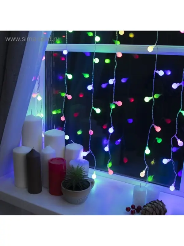 Гирлянда &laquo;Занавес&raquo; 2&times;1.5 м с насадками &laquo;Шарики&raquo;, IP20, прозрачная нить, 360 LED, свечение мульти (RG/RB), мигание, 220 В