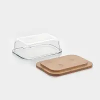 Маслёнка, 17.4&times;13&times;6.5 см, с бамбуковой крышкой-подставкой и ножом, стекло, прозрачная