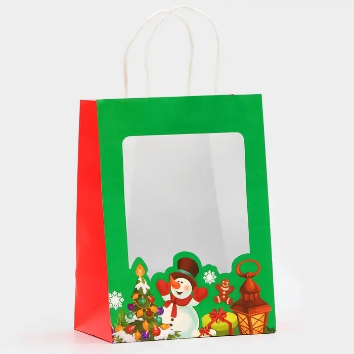 Пакет подарочный бумажный с окном «Снеговик» 19×26×13 см, крафт зеленый Пакет подарочный бумажный с окном «Снеговик» 19×26×13 см, крафт зеленый