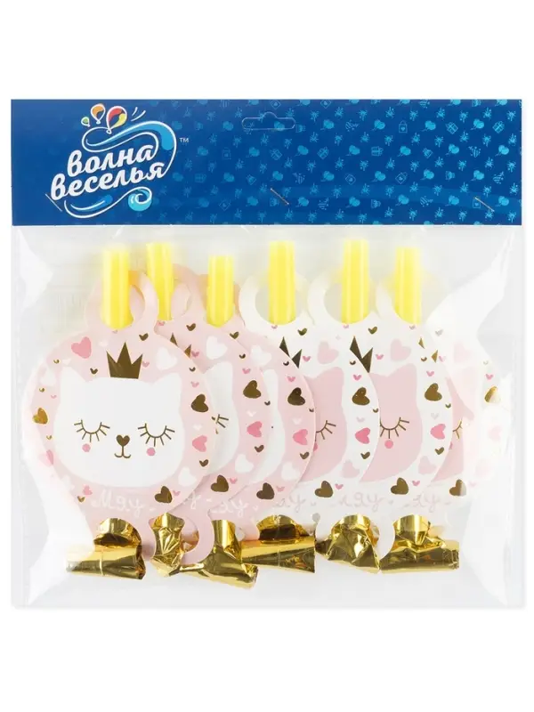 Карнавальные язычки гудки "Котенок Принцесса" 11 см, 6 шт. в упак.